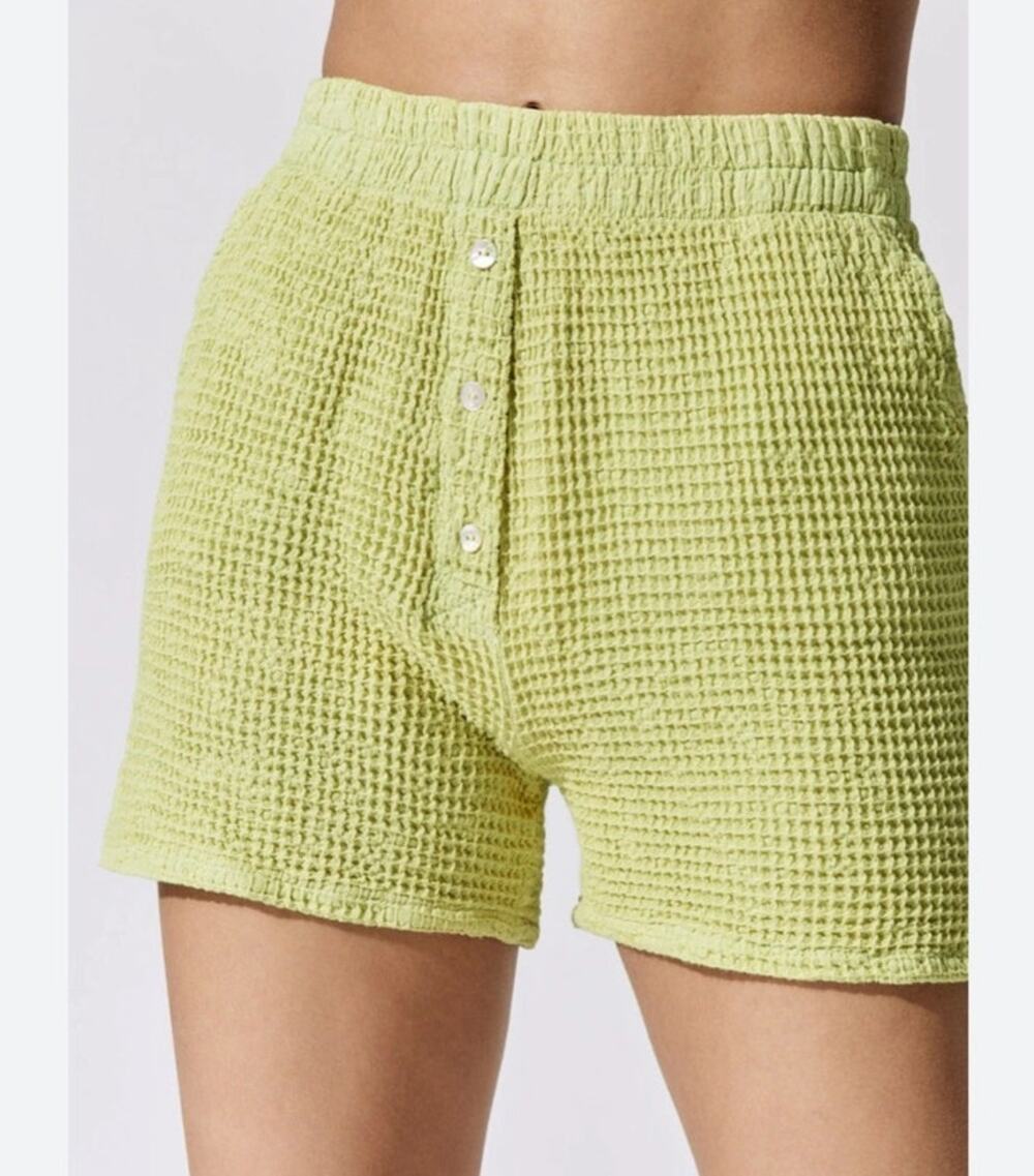 DONNI Waffle Cotton Lounge Shorts Lime Green Button Front XS Made in USA NWT